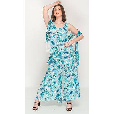 Sleeve Less Bluish Floral Printed Reversible Pant Set For Women