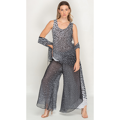 Sleeve Less Ball Printed Black and White Reversible Pant Set For Women