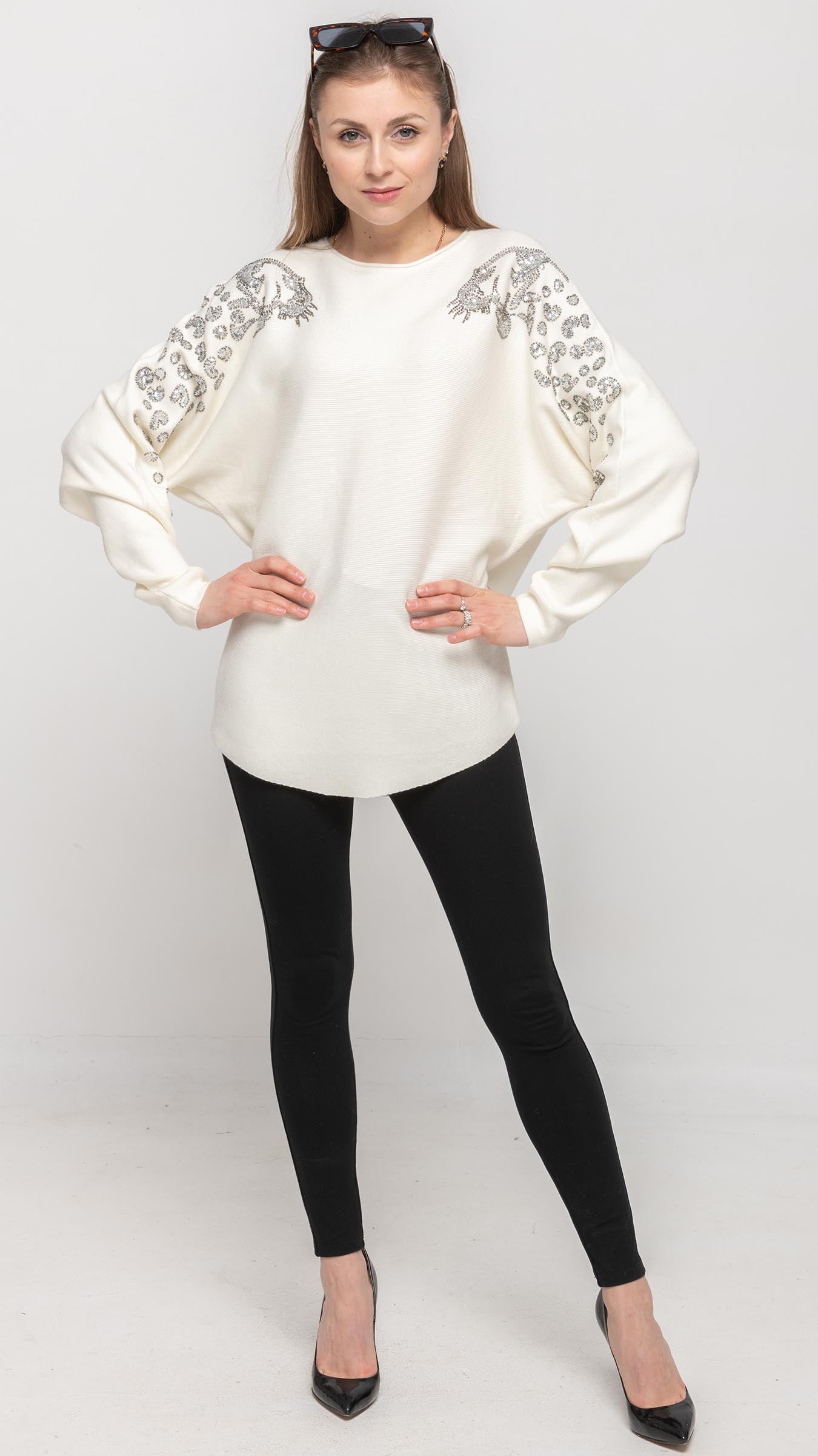 Sweater with Sequin on Shoulder in Cream