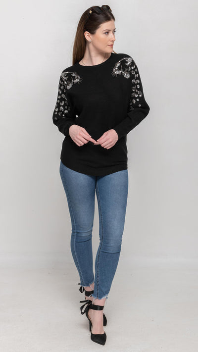 Sweater with Sequin on Shoulder in Black