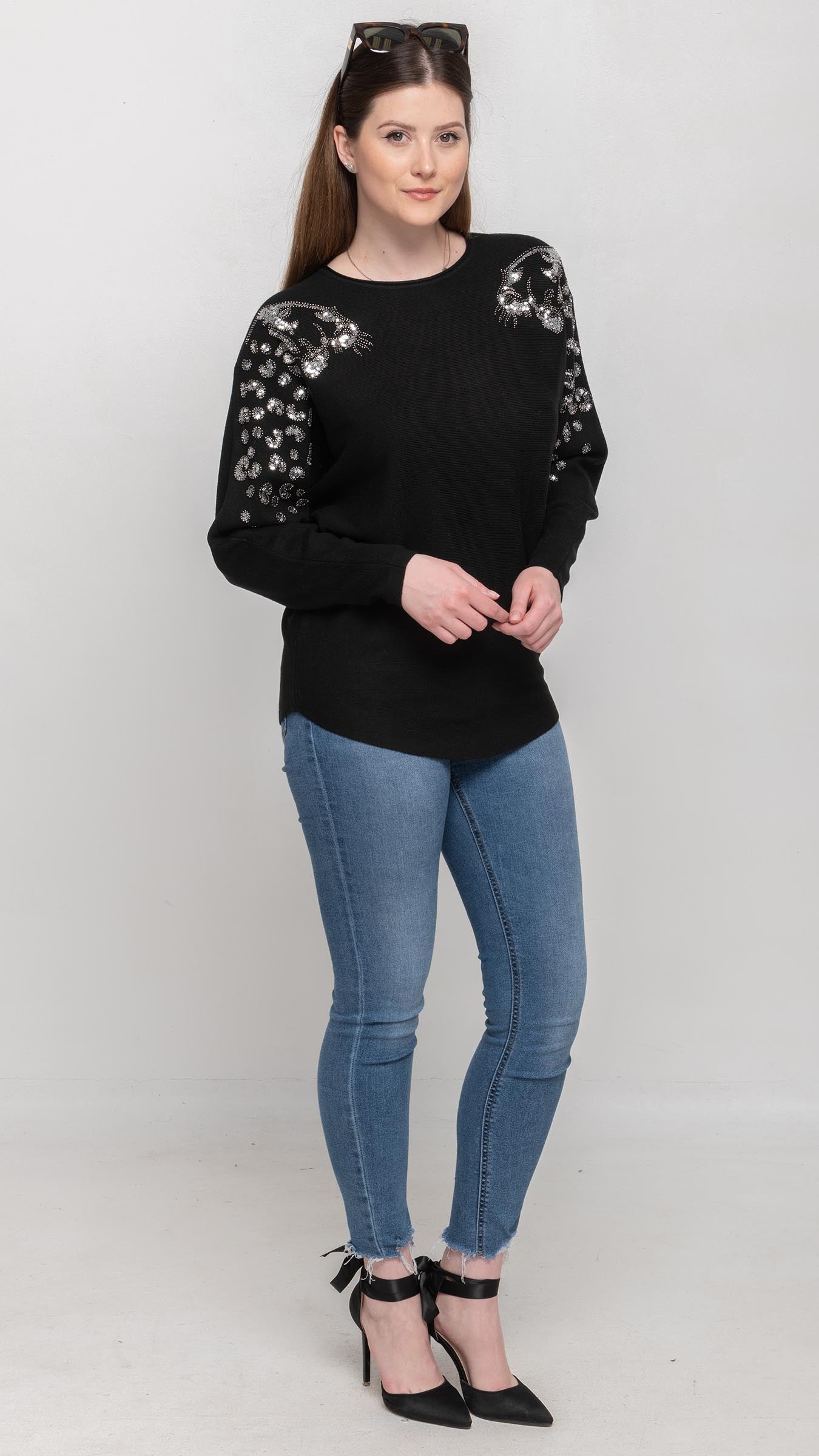 Sweater with Sequin on Shoulder in Black