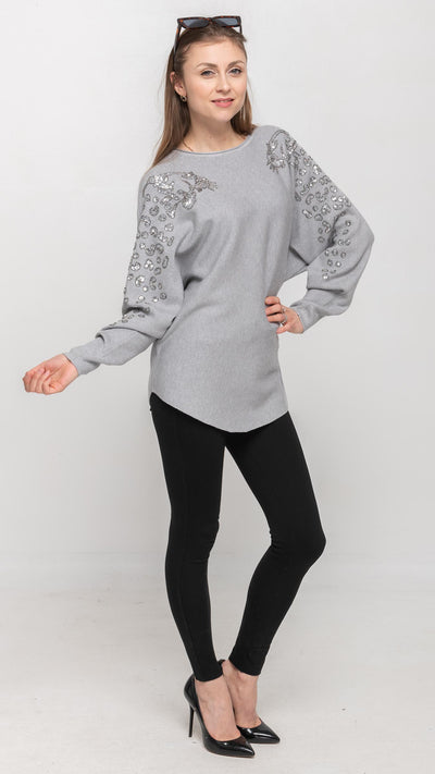 Sweater with Sequin on Shoulder in Light Grey