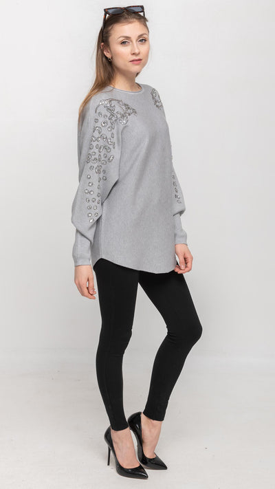 Sweater with Sequin on Shoulder in Light Grey