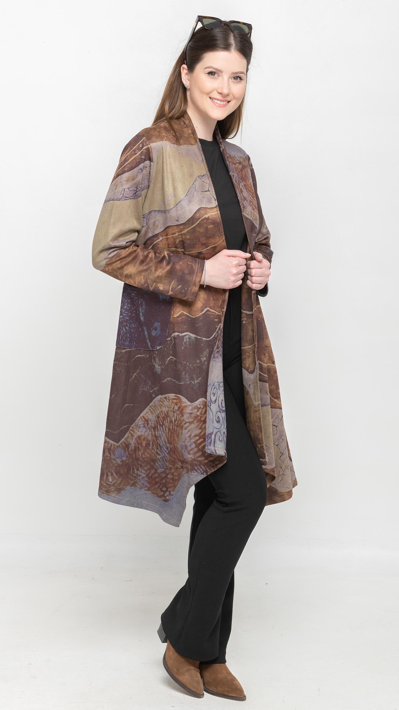 Printed Long Cardigan in Multi-colors Brown