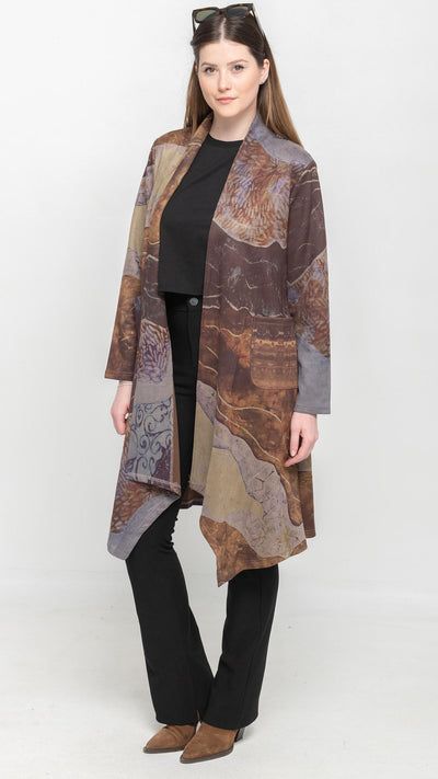 Printed Long Cardigan in Multi-colors Brown