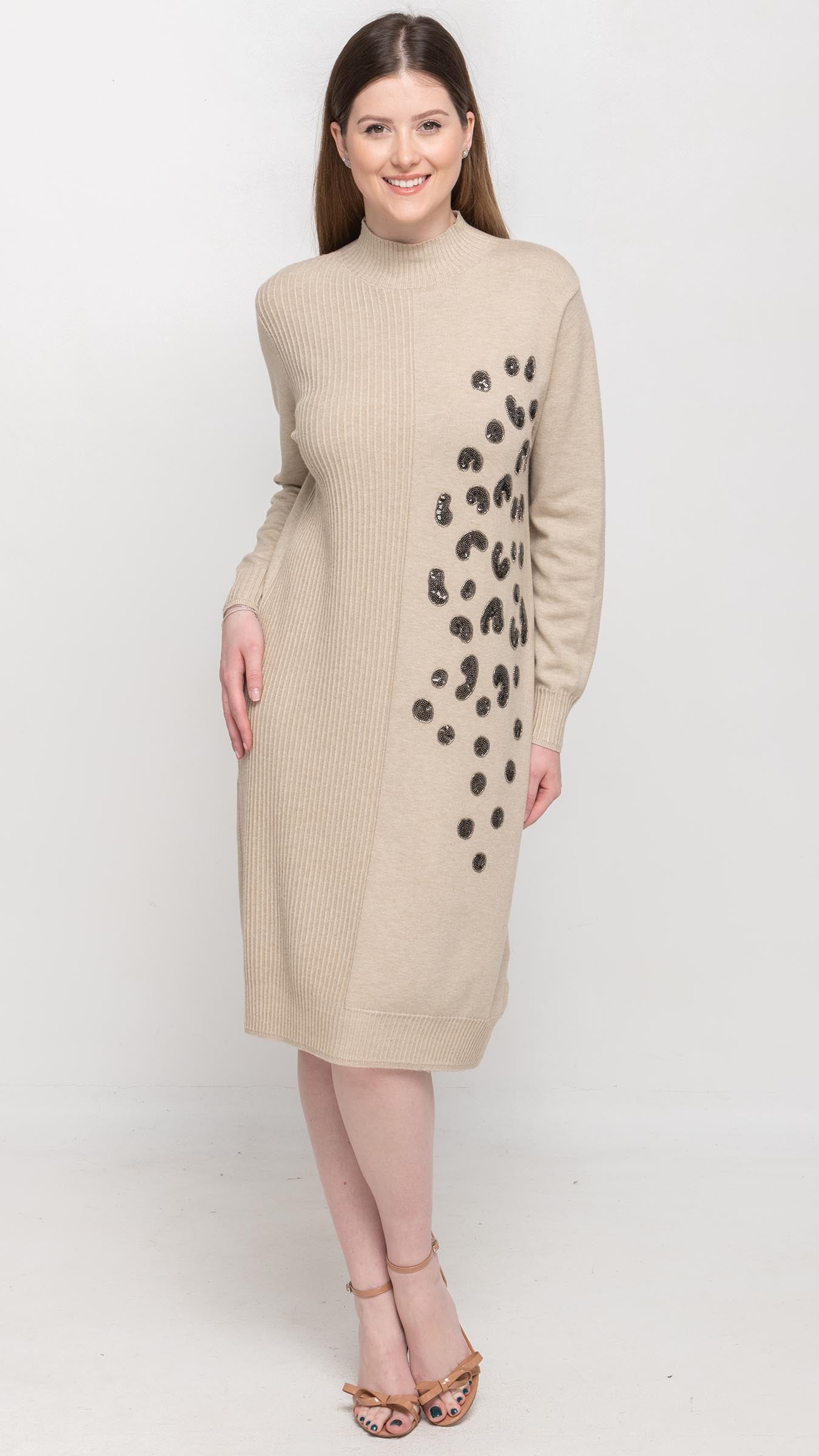 Sweater Dress with Sequin on Front in Beige