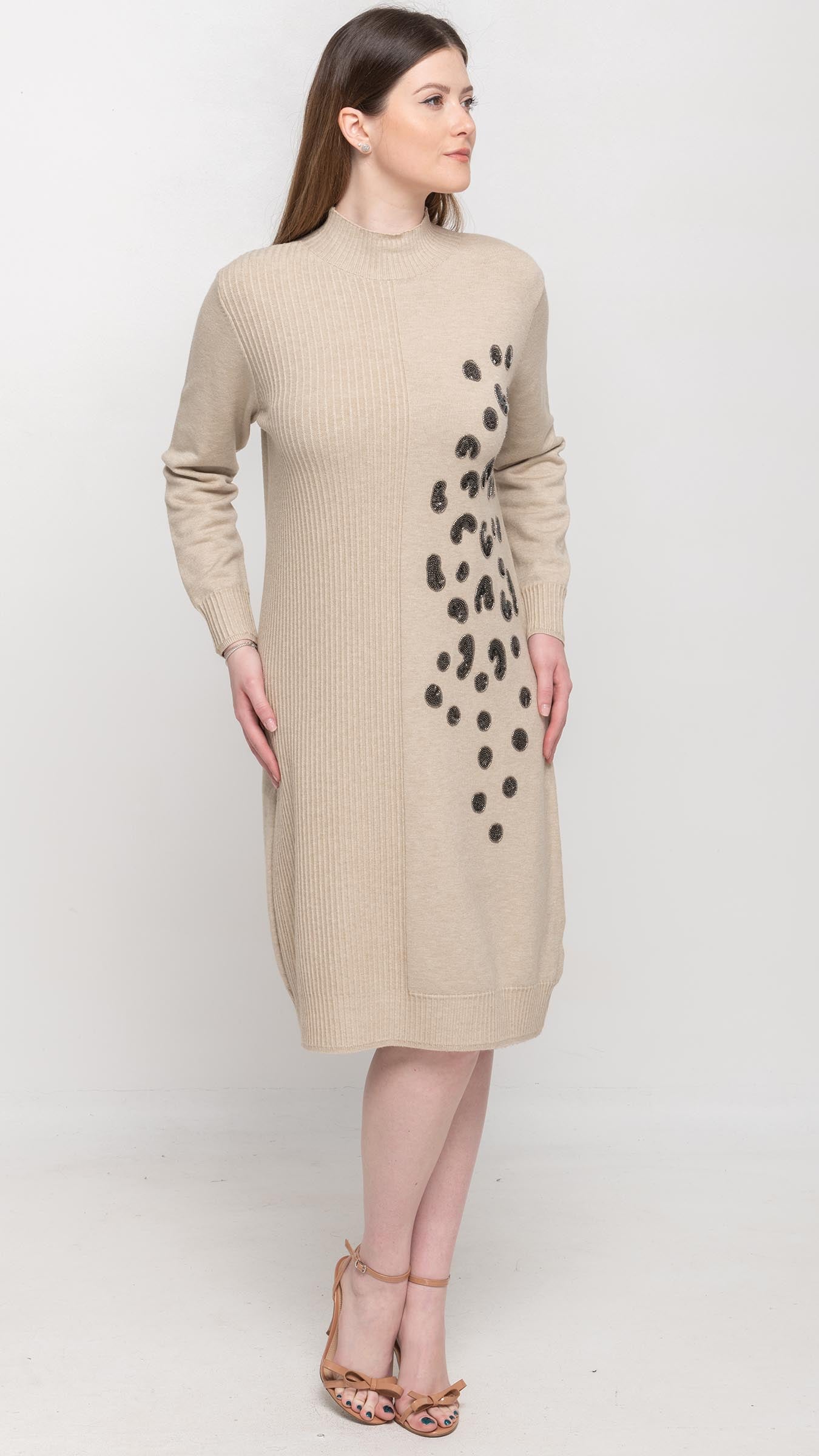 Sweater Dress with Sequin on Front in Beige