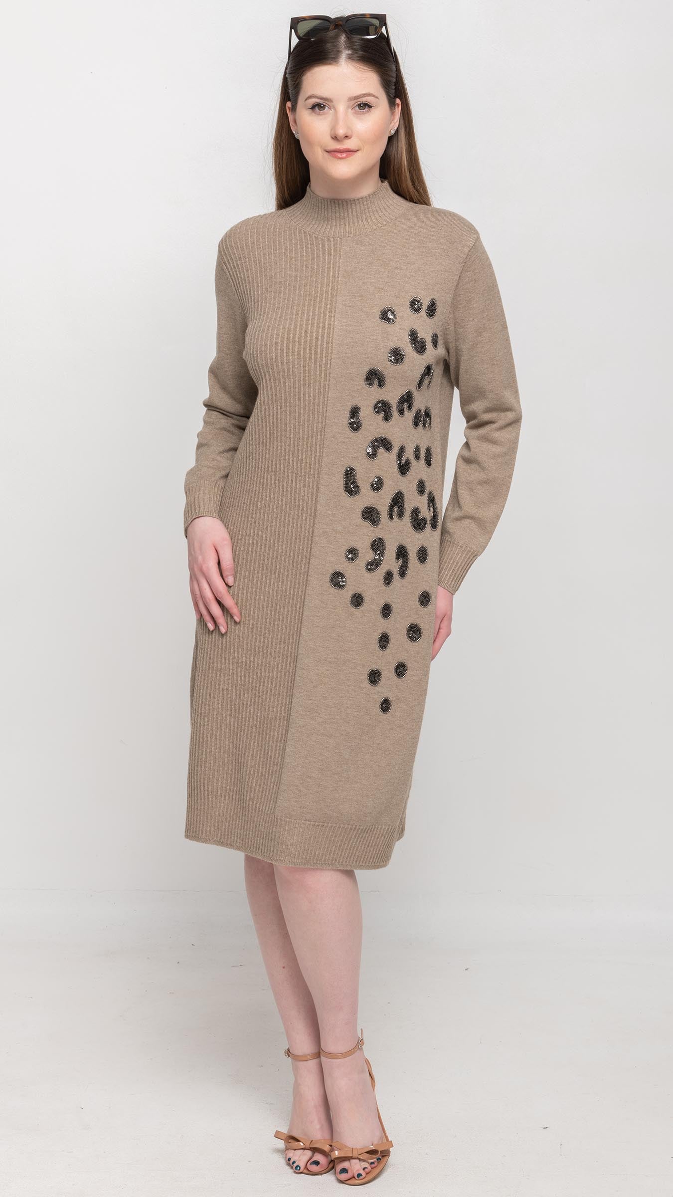 Sweater Dress with Sequin on Front in Khaki