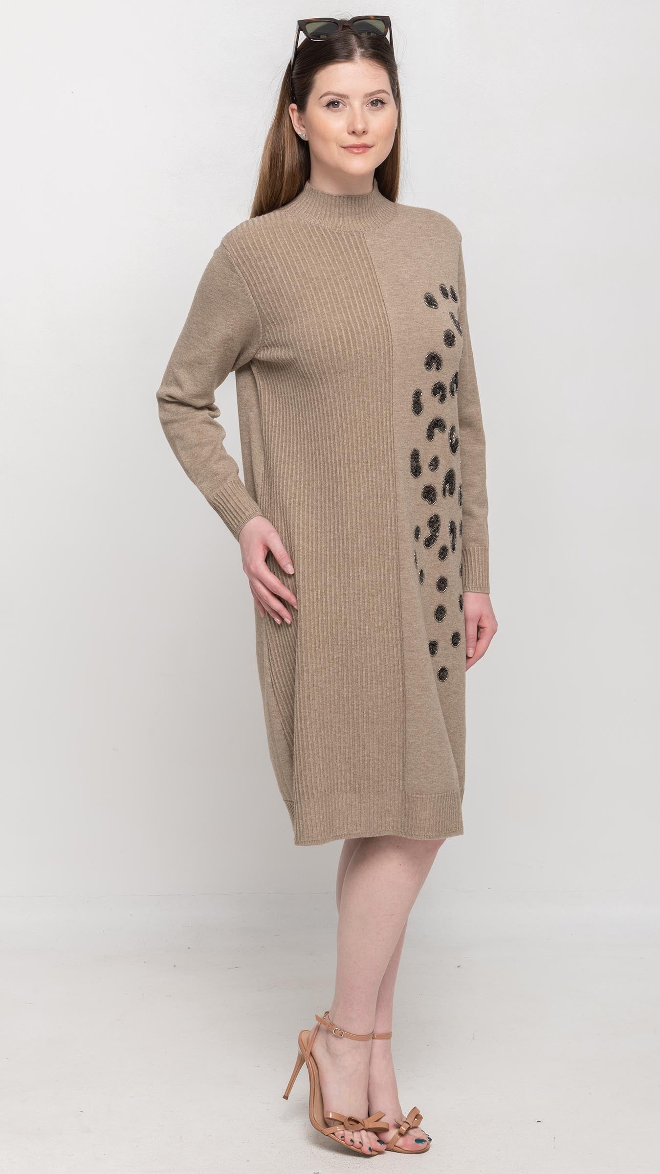 Sweater Dress with Sequin on Front in Khaki