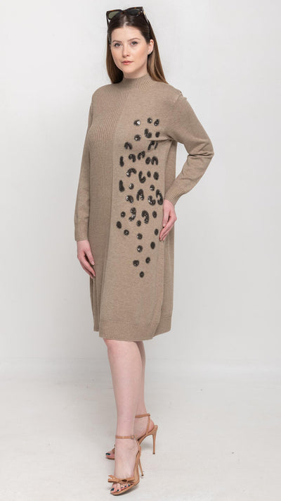 Sweater Dress with Sequin on Front in Khaki