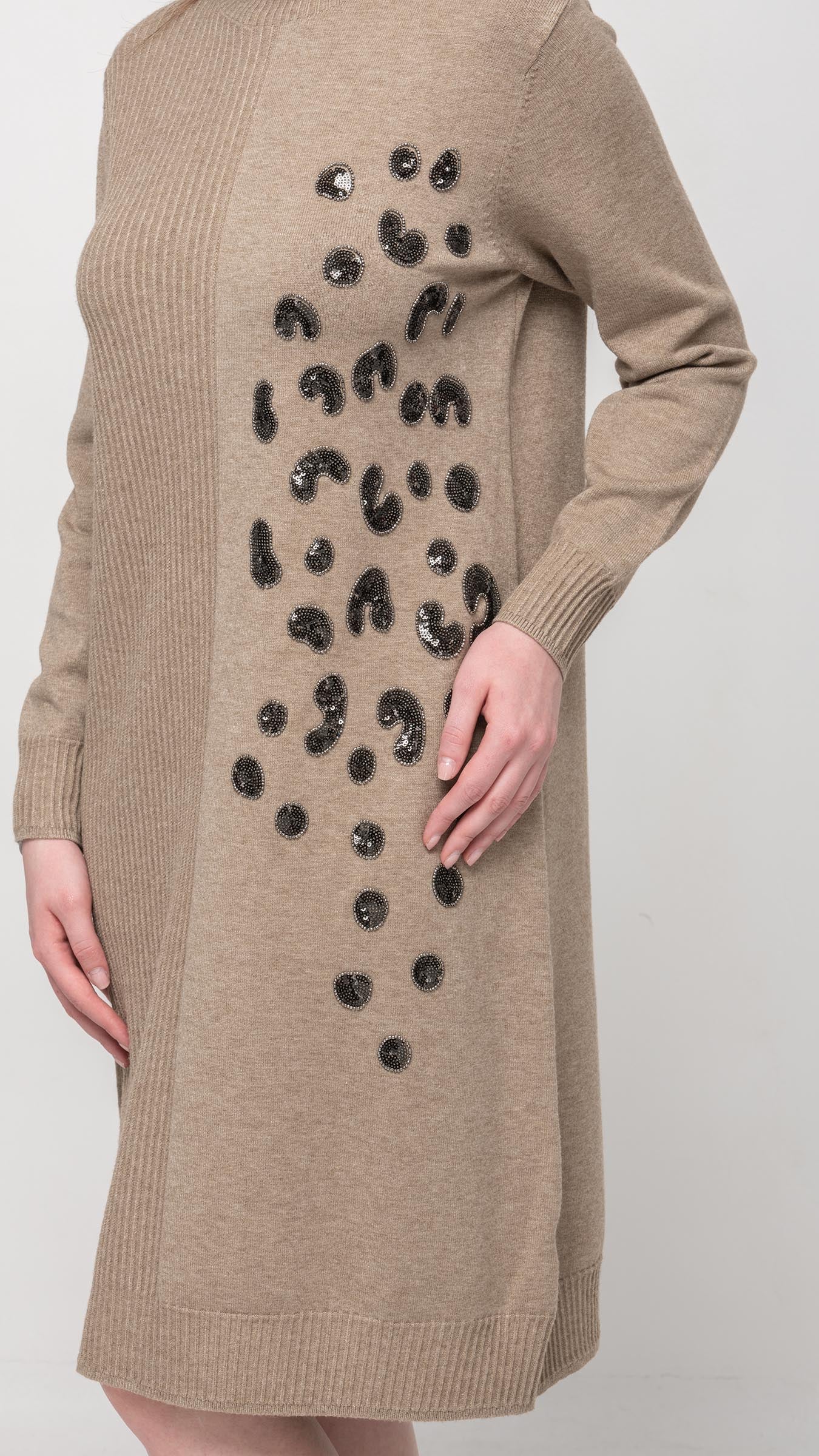 Sweater Dress with Sequin on Front in Khaki