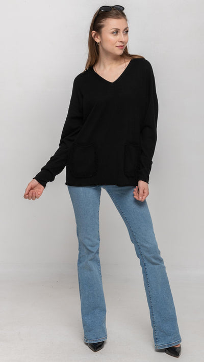 V Neck Sweater in Black with two Patch Pockets