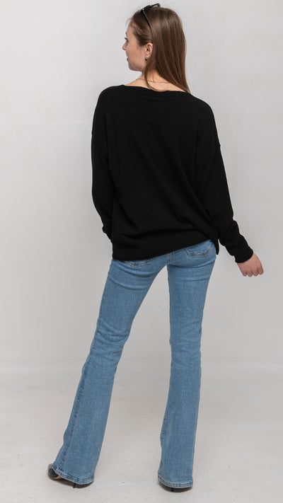 V Neck Sweater in Black with two Patch Pockets