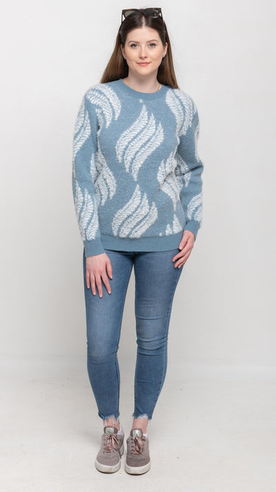 Sweater  in Blue and White Feather Printed