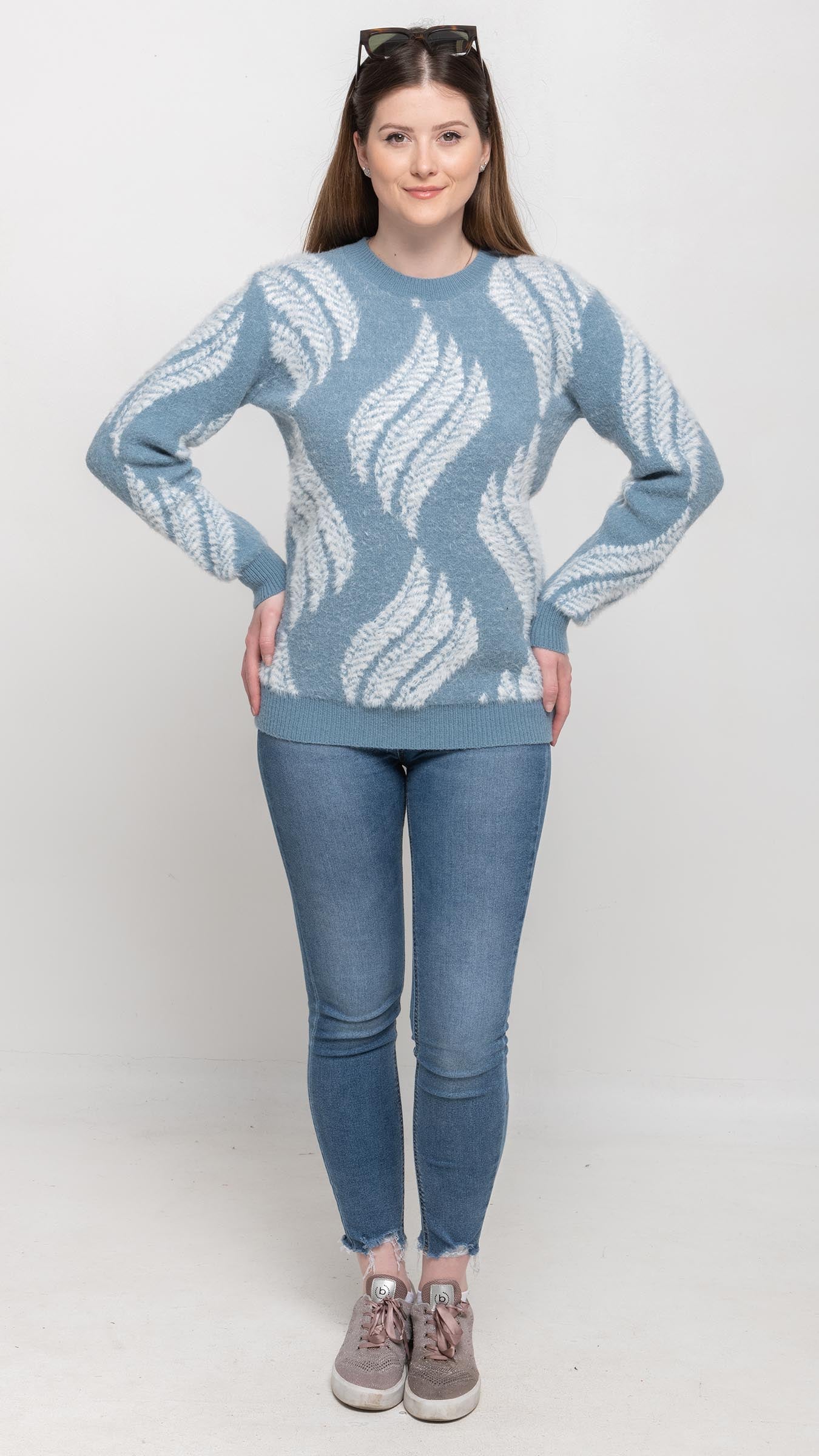 Sweater  in Blue and White Feather Printed