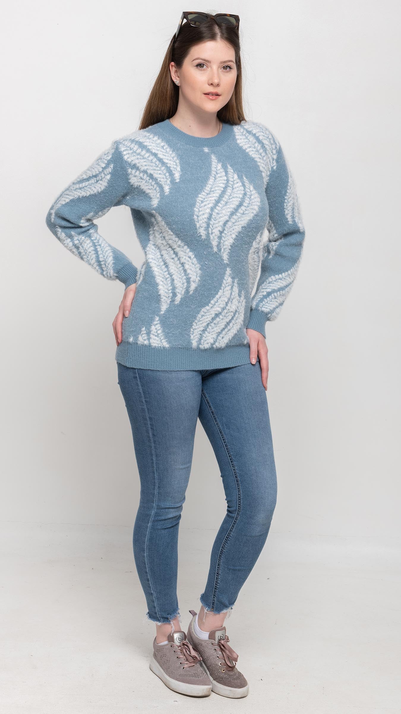 Sweater  in Blue and White Feather Printed