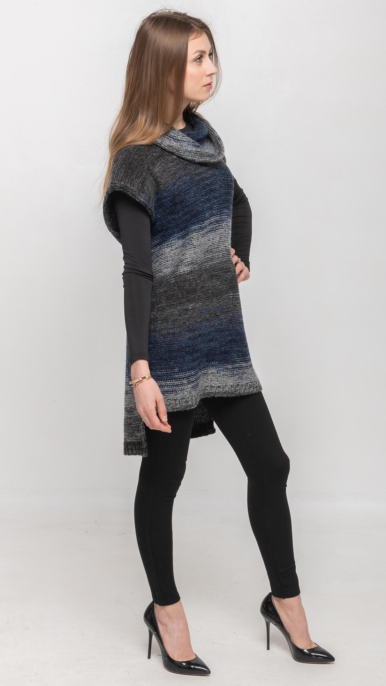 Multi Colors Long Vest Sweater in Navy