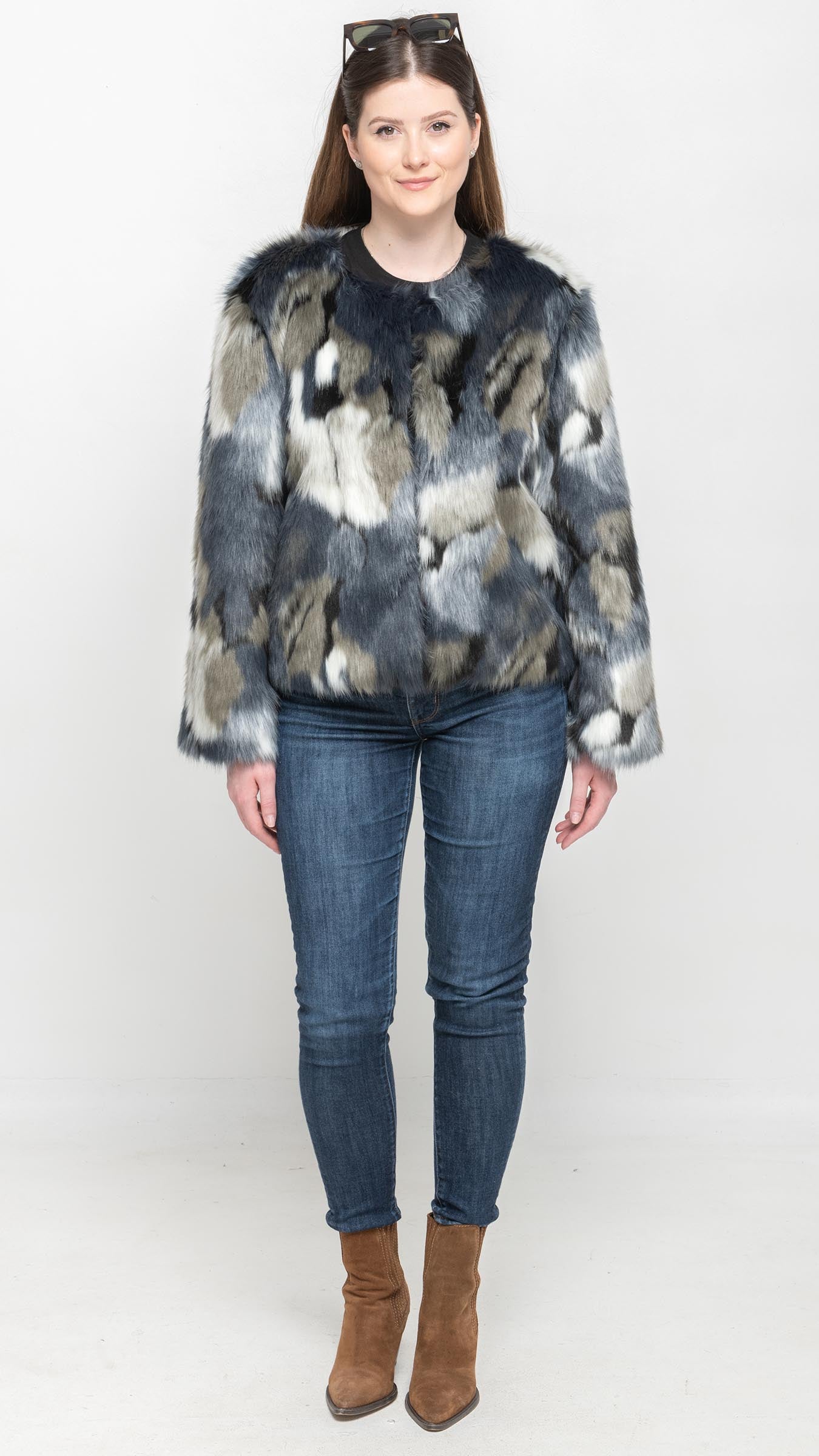 Faux Fur Coat in Navy Tie-Dye