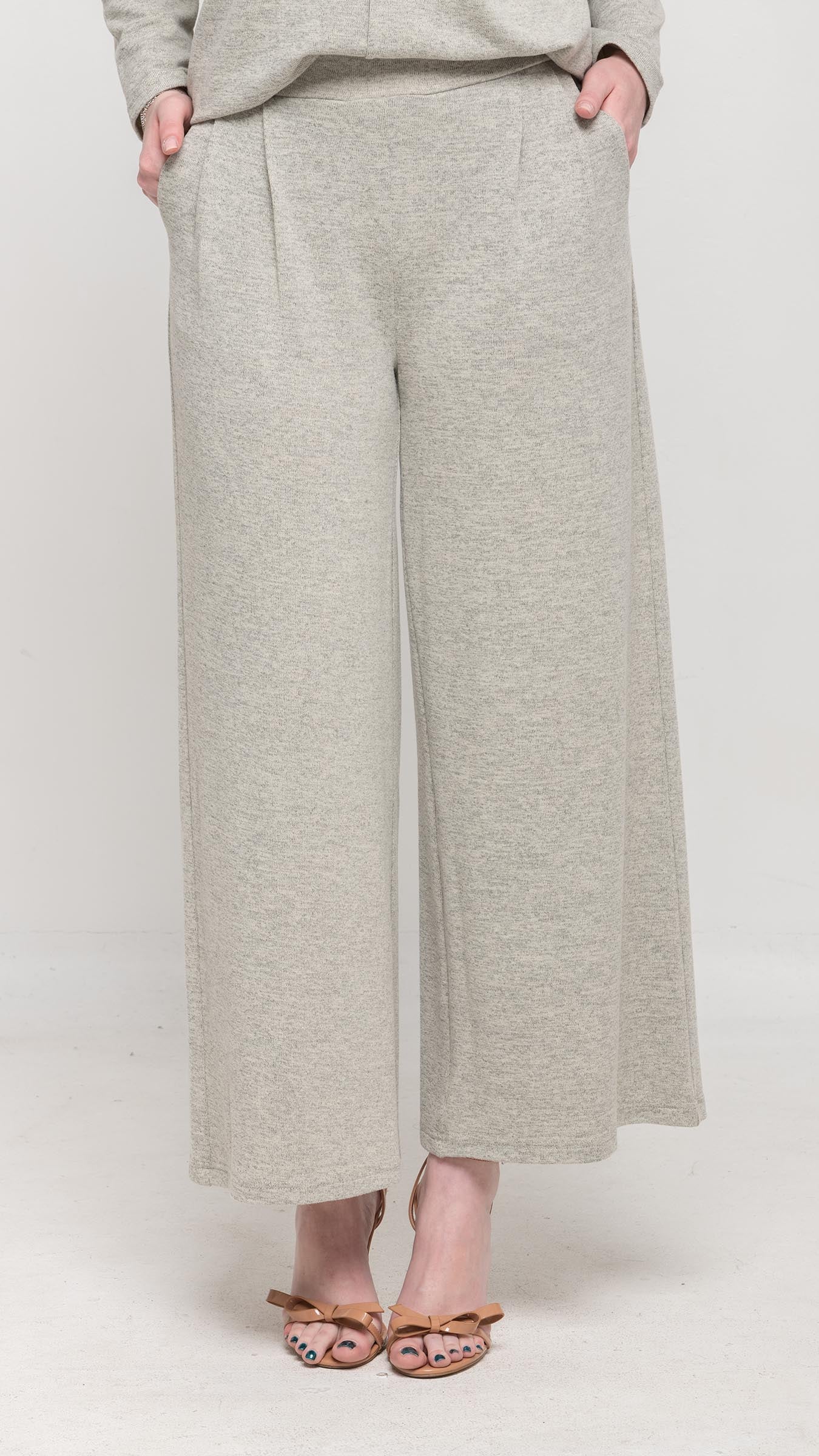 Knitted Wide Leg Pant  in Heathered Light Grey