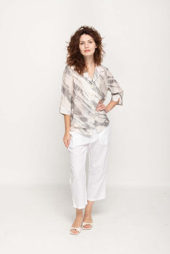 Women Casual Blouse  3/4 Sleeve,  Light Grey Print in Cream