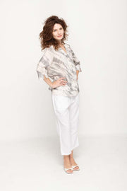 Women Casual Blouse  3/4 Sleeve,  Light Grey Print in Cream