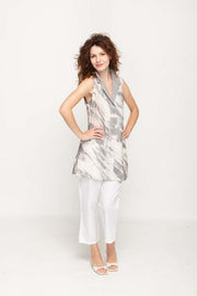 Casual  Sleeveless, Full Button Light Grey Print in Cream Women Blouse