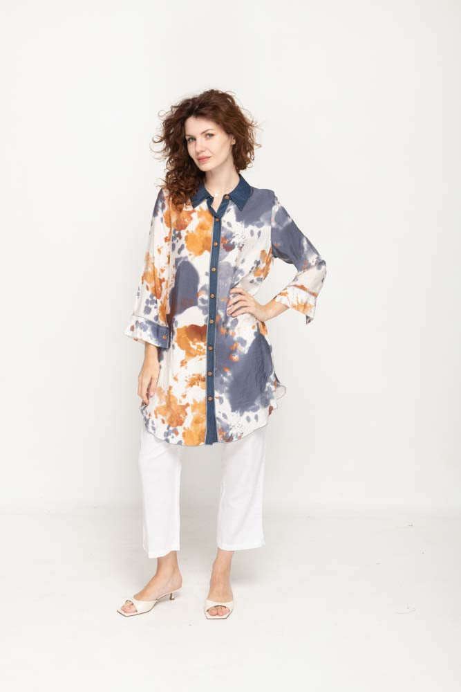 Casual  Long Sleeves, Full Button Navy & Brown Tie- Dye Prints Women Long Shirt