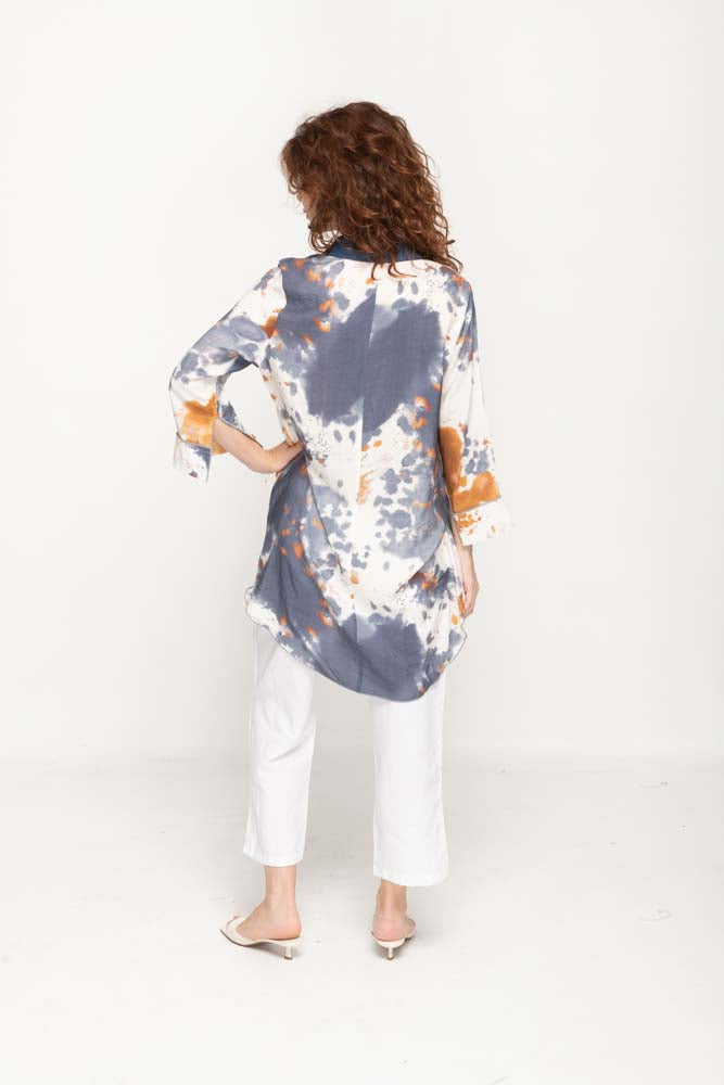 Casual  Long Sleeves, Full Button Navy & Brown Tie- Dye Prints Women Long Shirt