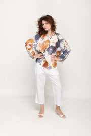 Casual  Long Sleeves, V Neck , Navy & Brown Tie- Dye Prints Women Top