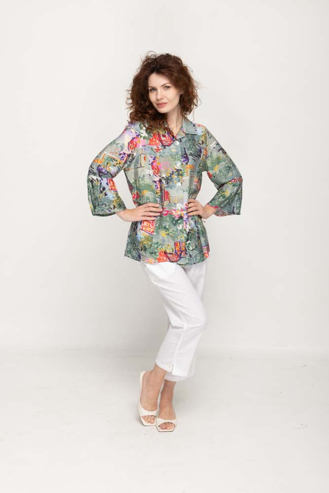 Women Casual  Blouse 3/4 Flared Sleeves, Full Button  in Multi- Colors
