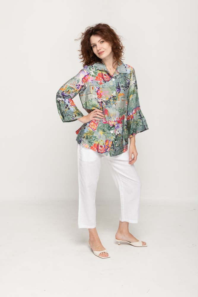 Women Casual  Blouse 3/4 Flared Sleeves, Full Button  in Multi- Colors