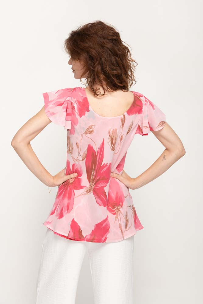 Cap Sleeves  Pinkish Floral Printed 2 in 1 Reversible Top For Women
