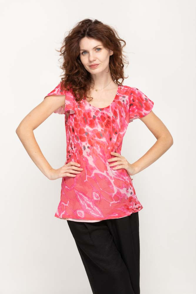 Cap Sleeves  Pinkish Floral Printed 2 in 1 Reversible Top For Women
