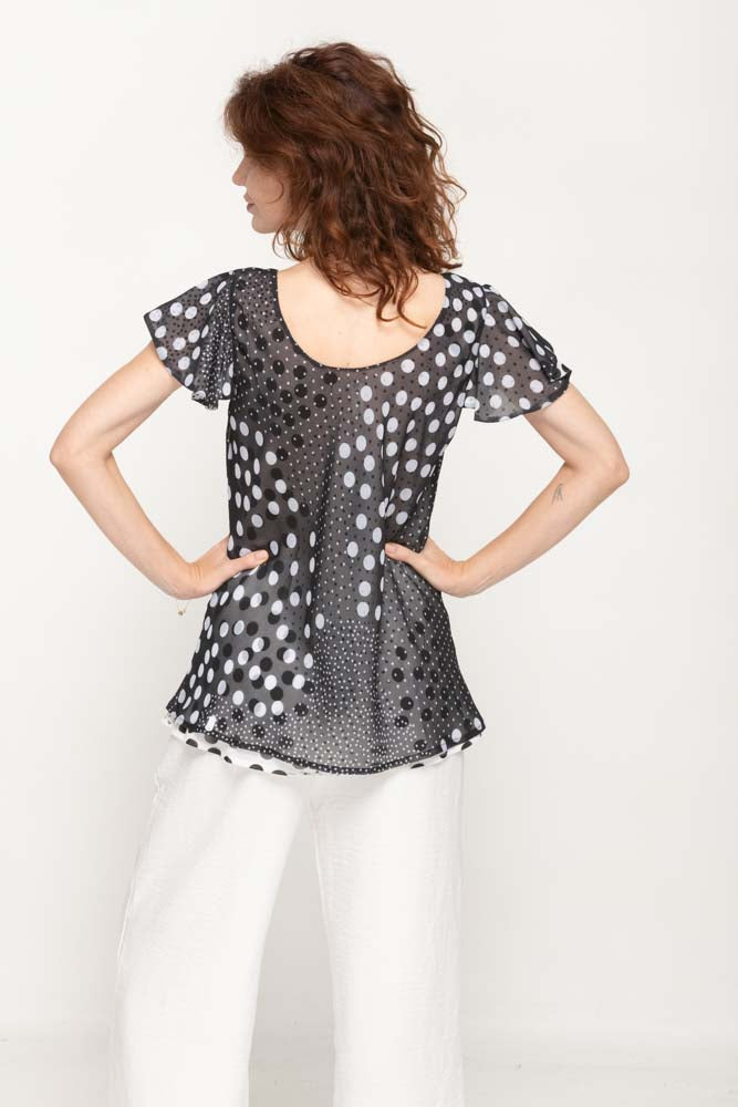Cap Sleeves Black & White Dot Printed 2 in 1 Reversible Top For Women