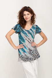 Cap Sleeves  Animal Printed in Blue 2 in 1 Reversible Top For Women