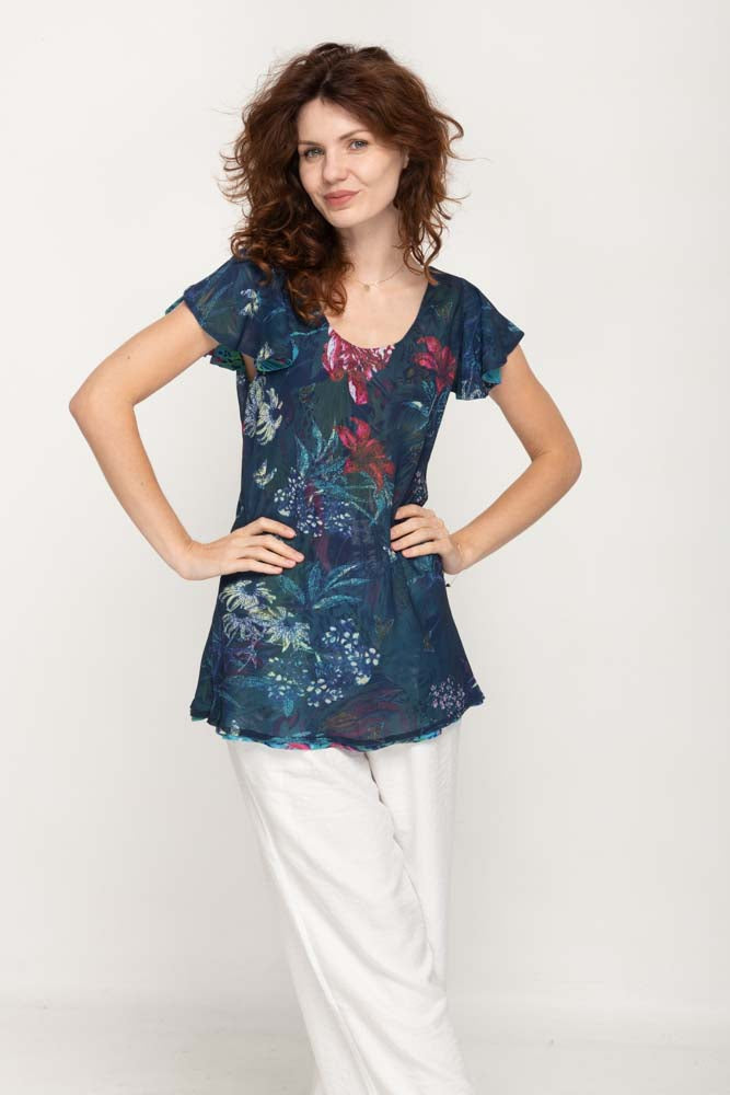 Cap Sleeves  Turquois  Floral Printed 2 in 1 Reversible Top For Women