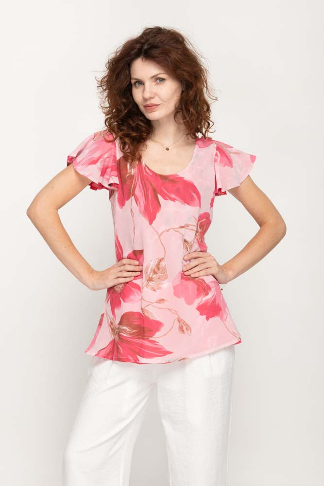 Cap Sleeves  Pinkish Floral Printed 2 in 1 Reversible Top For Women