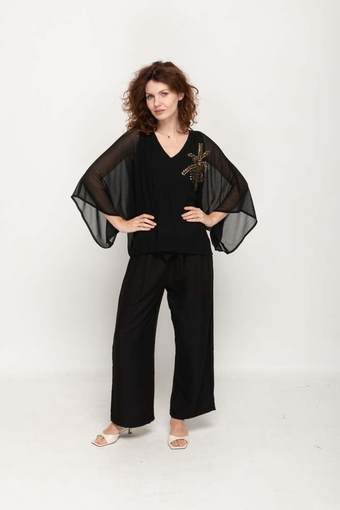 Wide Sleeves Black Top with golden  decorating sequins For Women