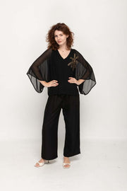 Wide Sleeves Black Top with golden  decorating sequins For Women