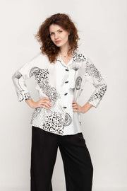 Women Blouse in White with Black Animal Print, 3/4 Sleeves , Button Down with Lapel Collar