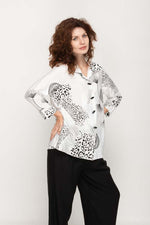 Load image into Gallery viewer, Women Blouse in White with Black Animal Print, 3/4 Sleeves , Button Down with Lapel Collar