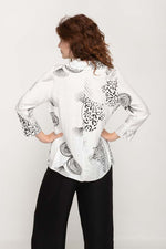 Load image into Gallery viewer, Women Blouse in White with Black Animal Print, 3/4 Sleeves , Button Down with Lapel Collar