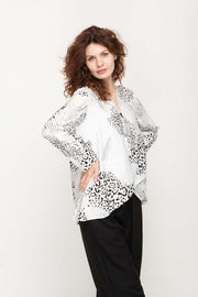 Women Blouse in White with Black Print, Full Sleeves , V- Neck with with Zipper