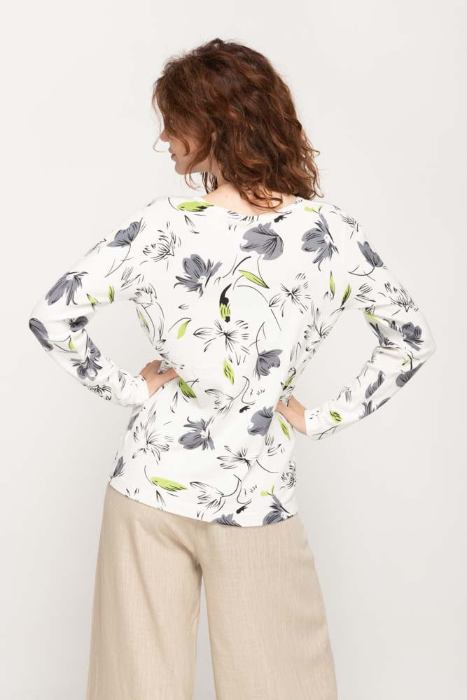 Women's Cream with Grey  Prints Full Sleeve , Crew Neck Knit Top