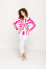 Women's Fuchsia Tie -Dye  Prints Full Sleeve , Crew Neck Knit Top