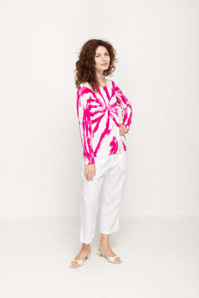 Women's Fuchsia Tie -Dye  Prints Full Sleeve , Crew Neck Knit Top