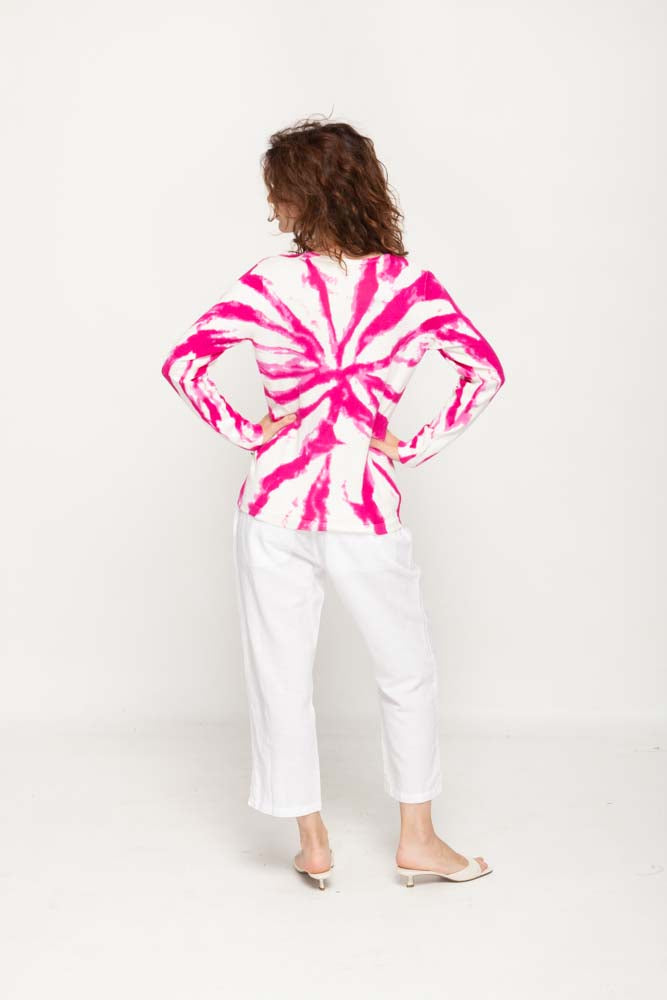 Women's Fuchsia Tie -Dye  Prints Full Sleeve , Crew Neck Knit Top