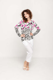 Women's Pink & Black  Floral Prints Full Sleeve , Crew Neck Knit Top