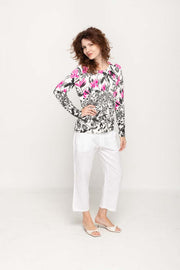 Women's Pink & Black  Floral Prints Full Sleeve , Crew Neck Knit Top
