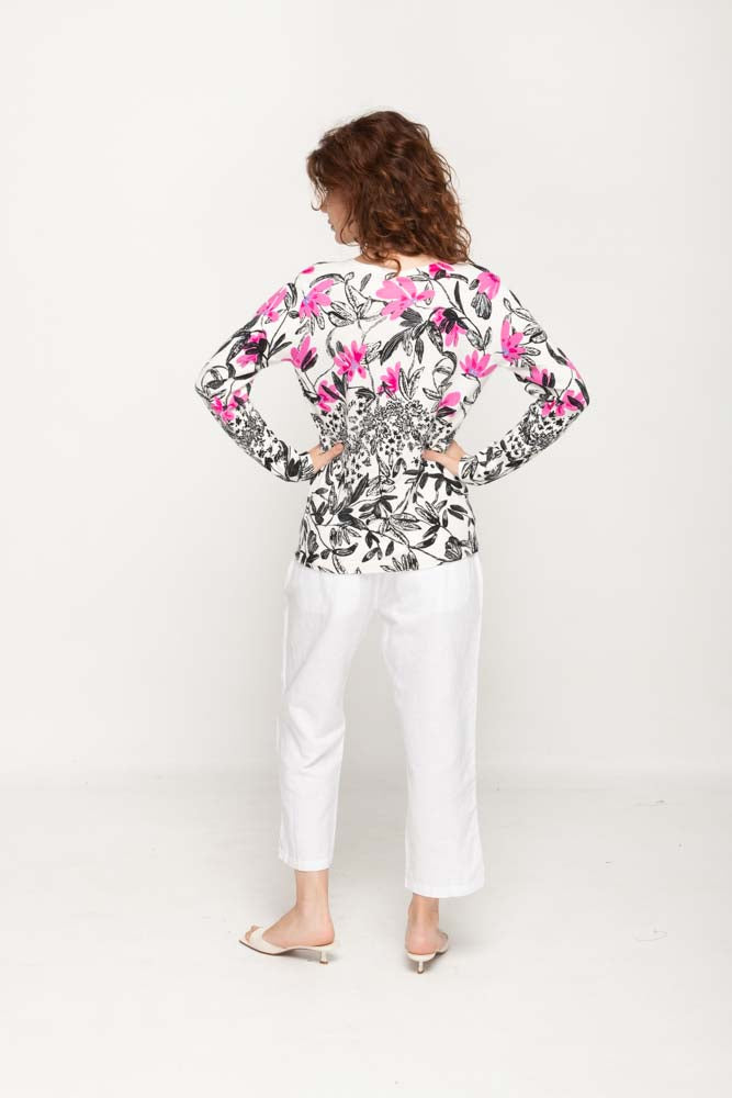 Women's Pink & Black  Floral Prints Full Sleeve , Crew Neck Knit Top